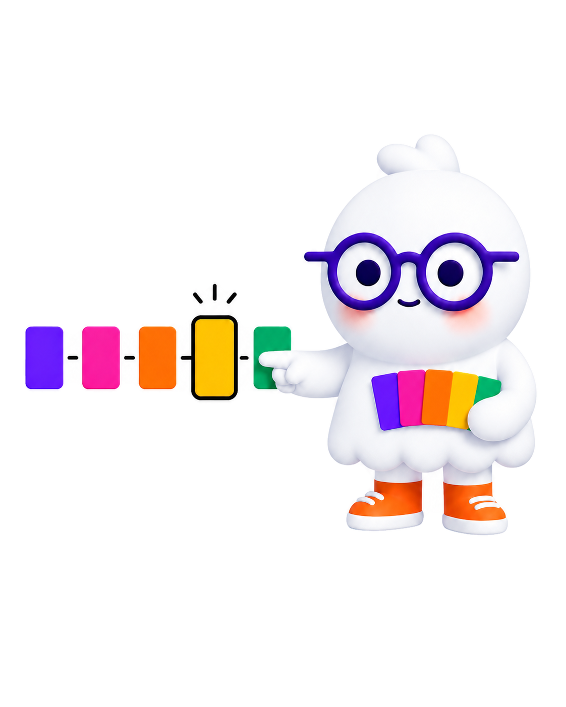 Popcard mascot placing coloured cards one at a time in a small-wins progression
