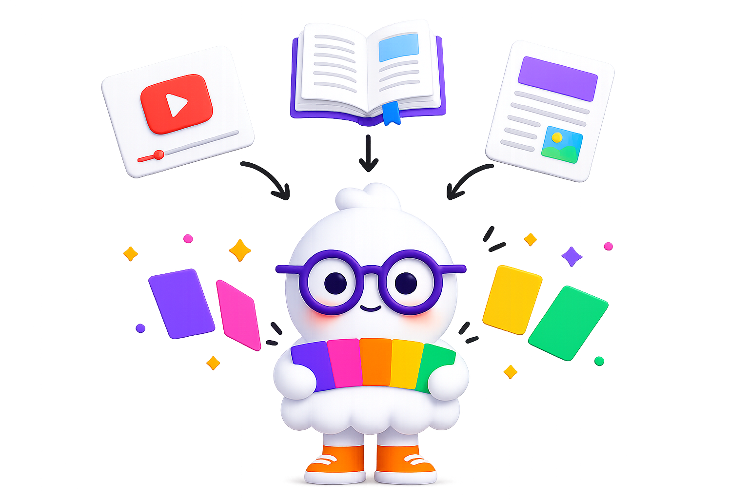 Popcard mascot turning a YouTube video, a book, and an article into colourful Popcards