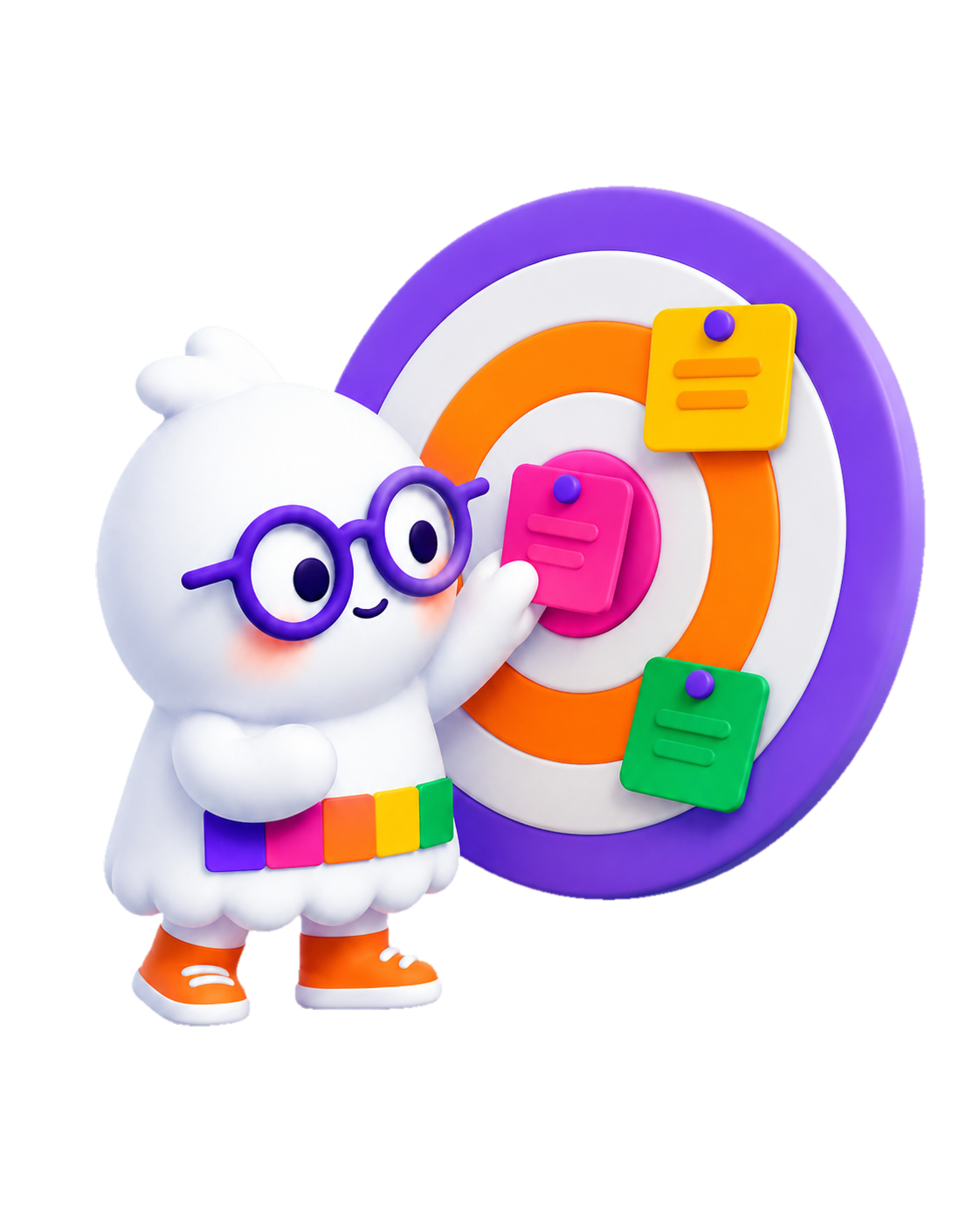 Popcard mascot pinning coloured cards onto a bullseye target — until they stick