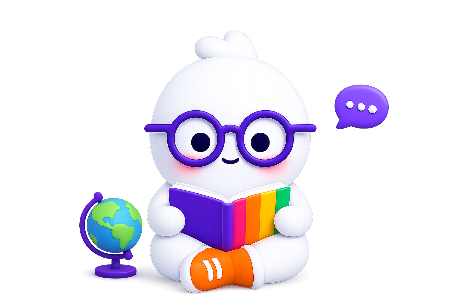 Popcard mascot reading a rainbow book with a globe and chat bubble