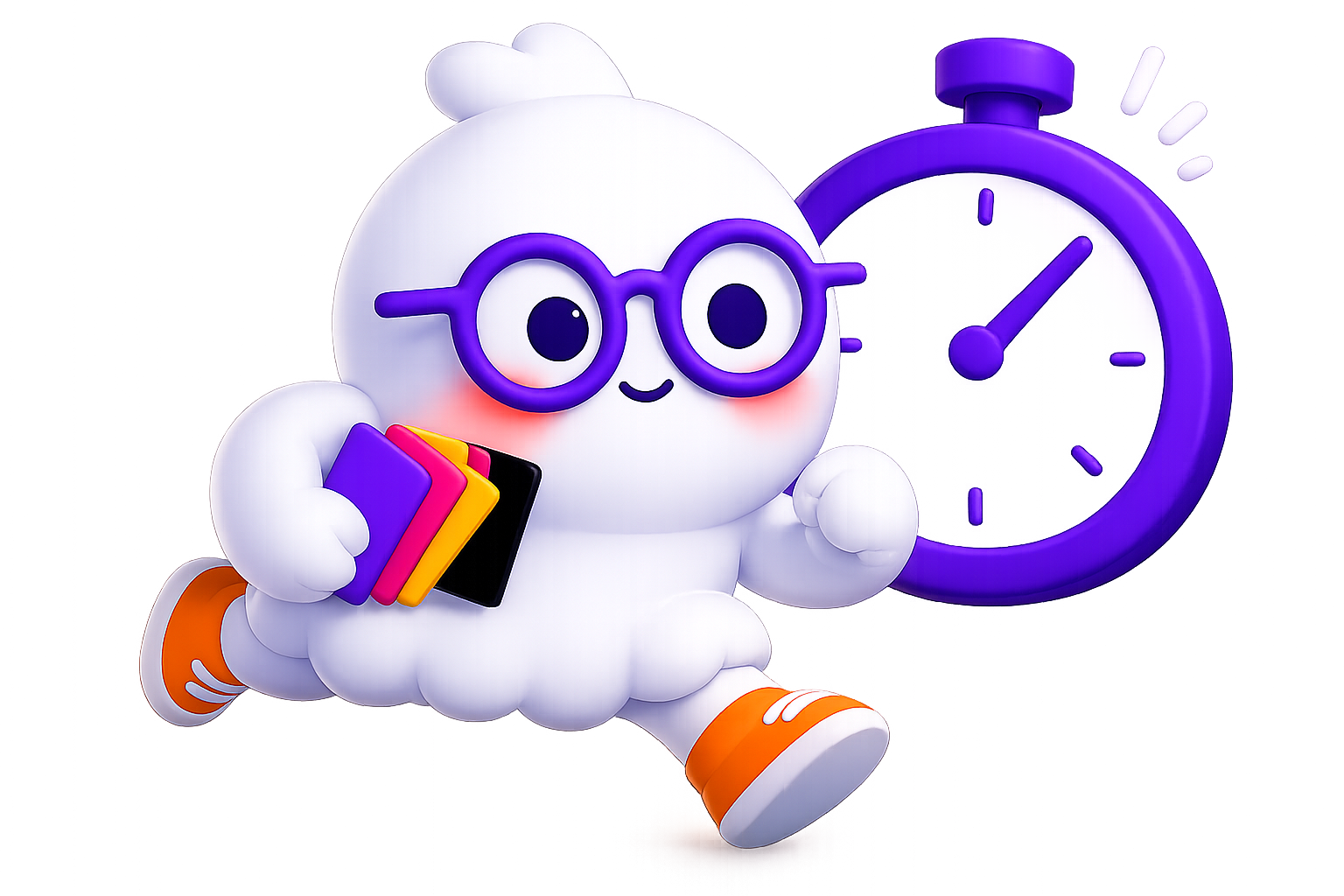 Popcard mascot sprinting with a stack of cards in front of a giant stopwatch